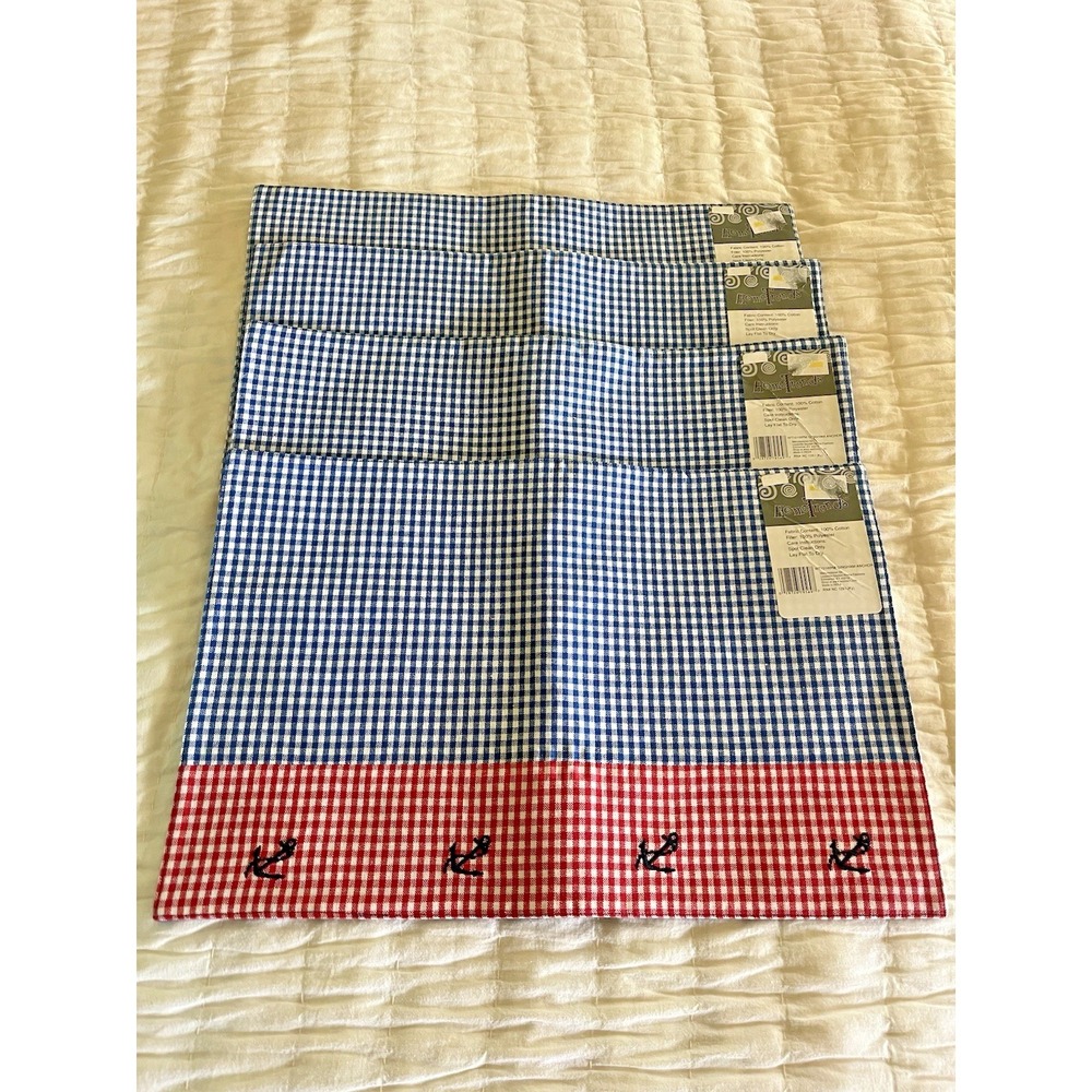 Gingham Check Placemats Cloth Fabric Anchors Red Blue White NEW Set 4 Nautical